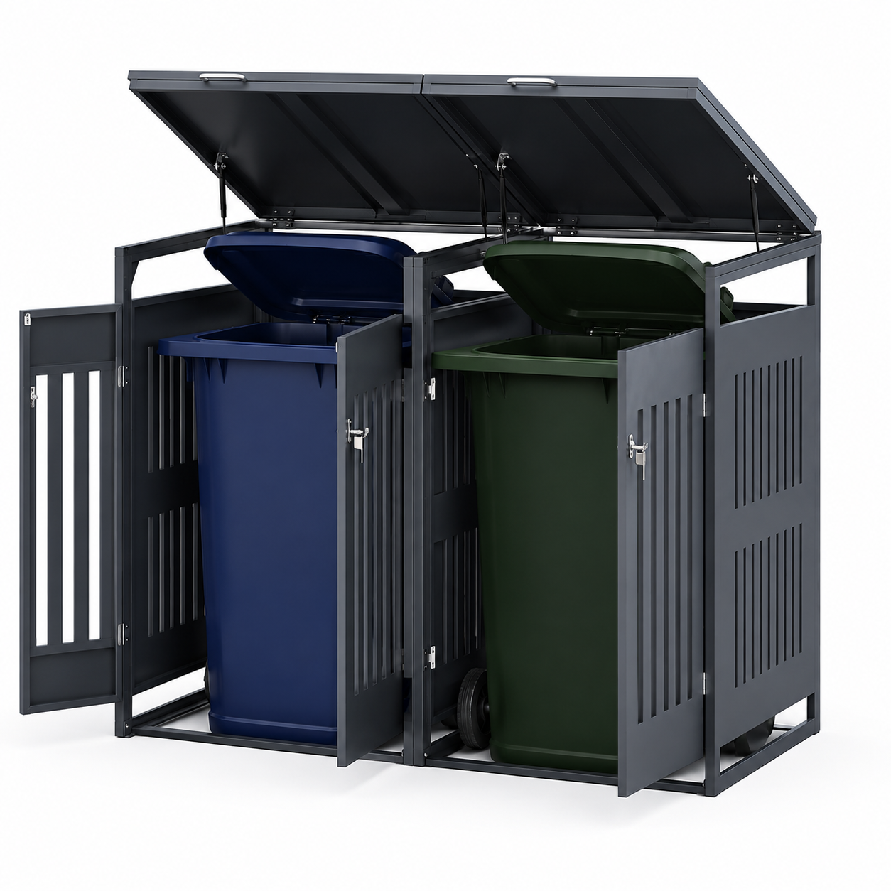 Metal double enclosure with lids open